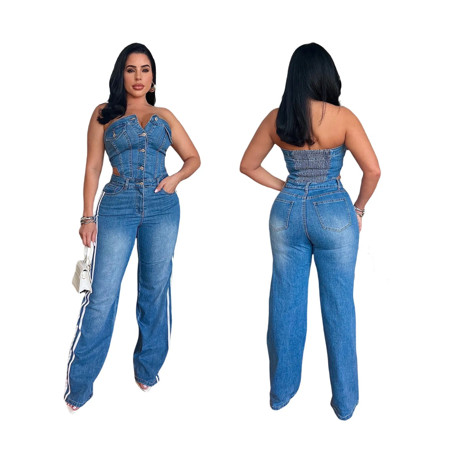 Demin Overalls Jumpsuits Women One Piece Strapless Sleeveless Long Pants Wide Leg Pant Rompers Y2k Streetwear Slim Fit 2025
