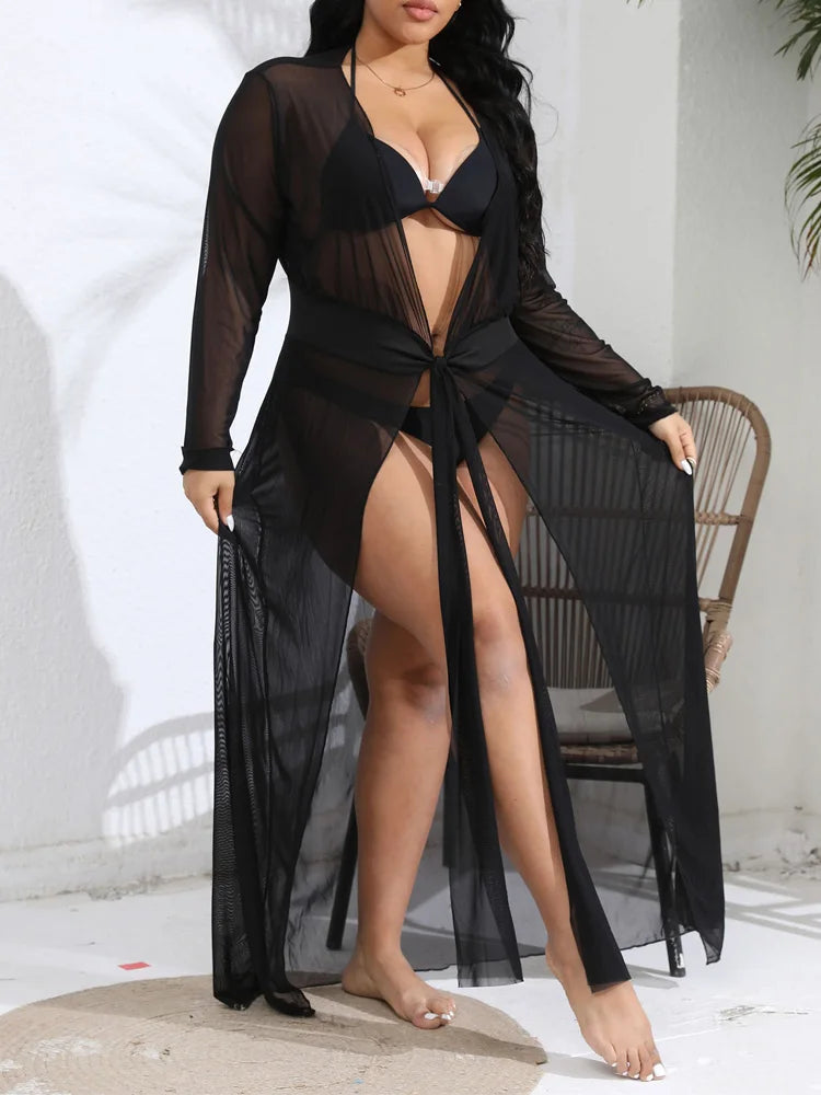 GIBSIE Plus Size 2024 Summer New Women Swimwear Cover Up Black Self Belted Mesh Sheer Bikini Cover-ups Beachwear Sun Protection