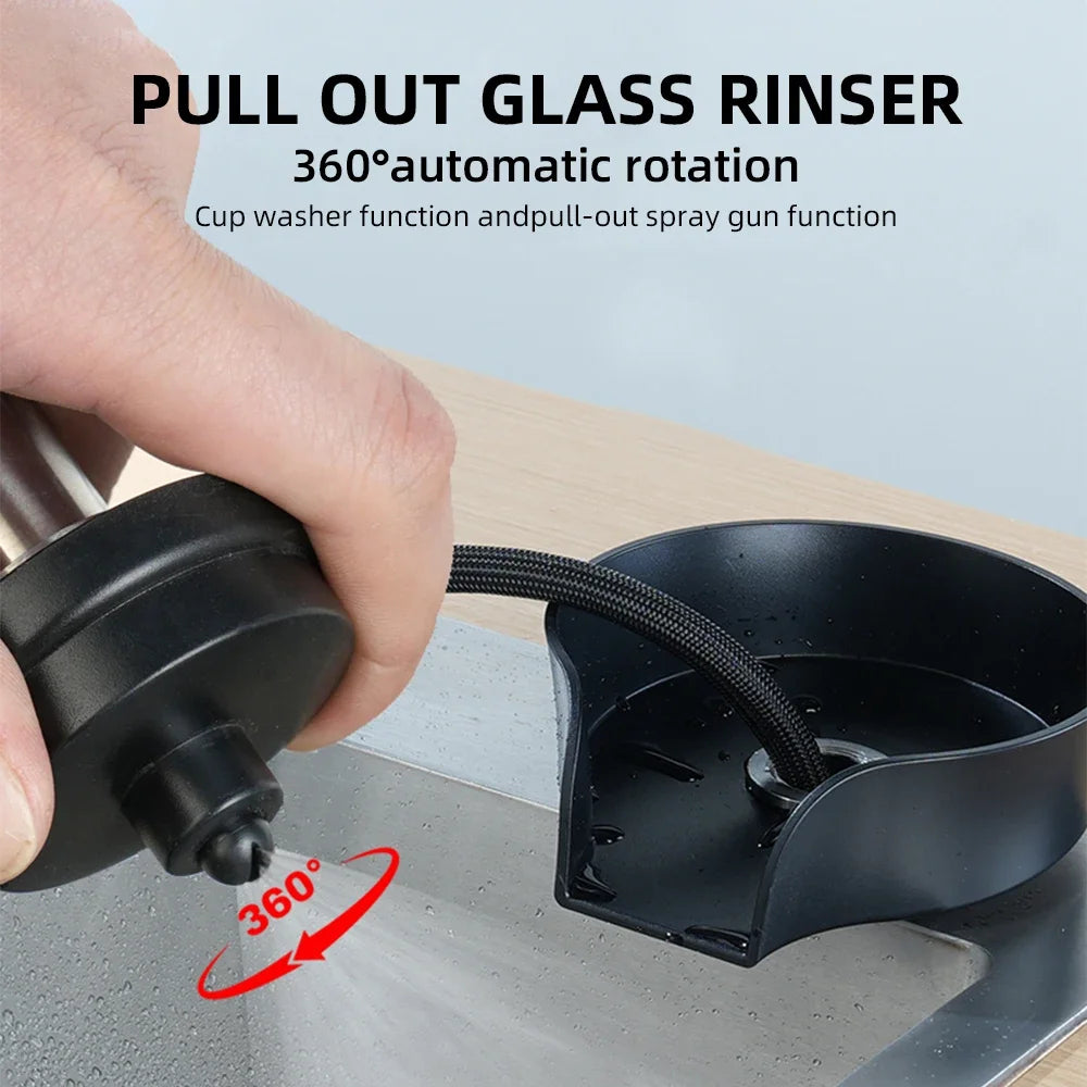 2in1 Glass Rinser For Kitchen Sink Pull Out Spray Head Automatic Rotating High-Pressure Press Cleaner Sink Bottle Cup Washer