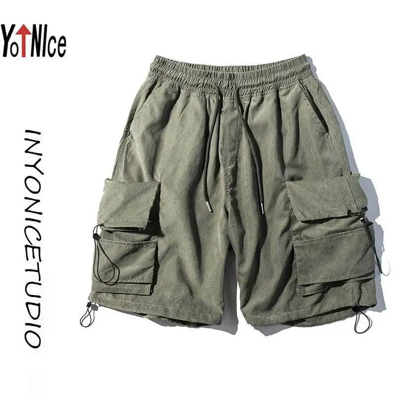 Fashion Solid Color Personality Multiple Pockets Men's Cargo Shorts New Classic Waist Drawcord Street Casual Male Short 2023
