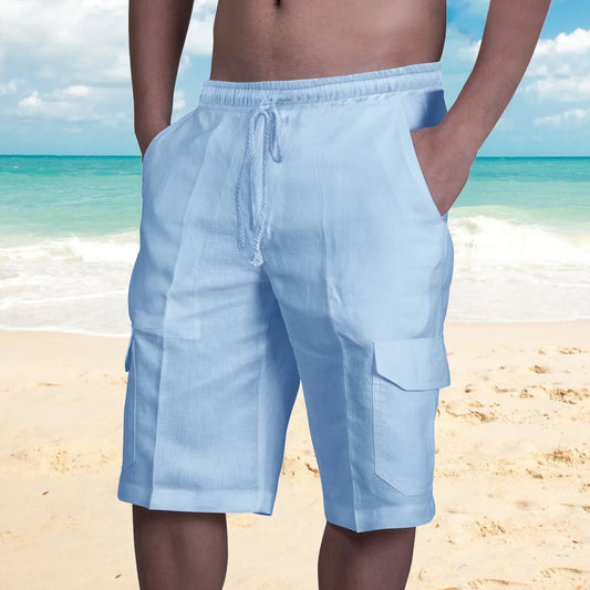 Cotton Linen Cargo Shorts Solid Color Trunks Elastic Summer Lace Up White Men's Shorts Holiday Vacation Pantalones Cortos 2023