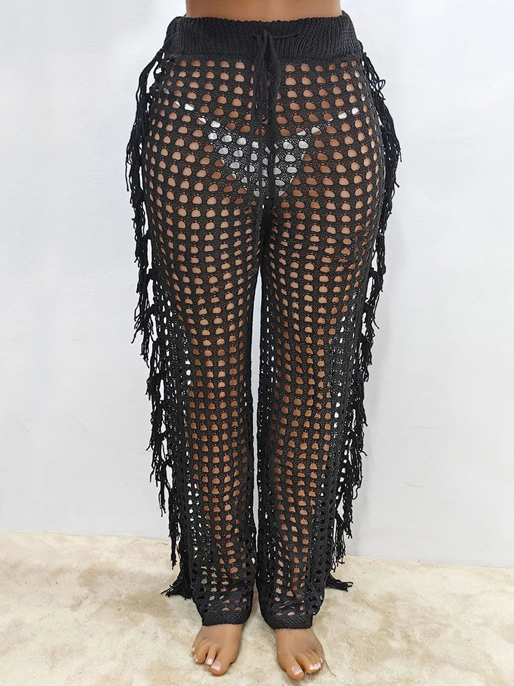 GIBSIE Plus Size Black Hollow out Tassel Beach Cover Up Pants For Swimwear Women Bikini Cover Ups Beachwear Drawstring Pants