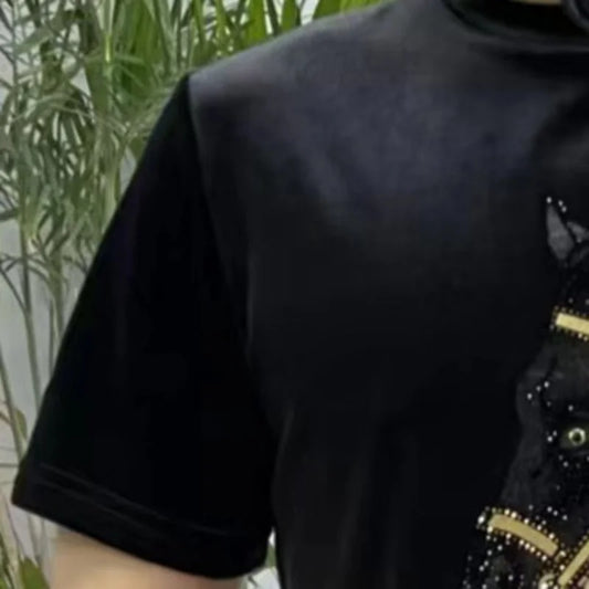 Golden Velvet Animal Horse Pattern O-Neck Social Club Clothing Designer European Fashion Men Tee Shirt Homme Long Sleeve T-shirt