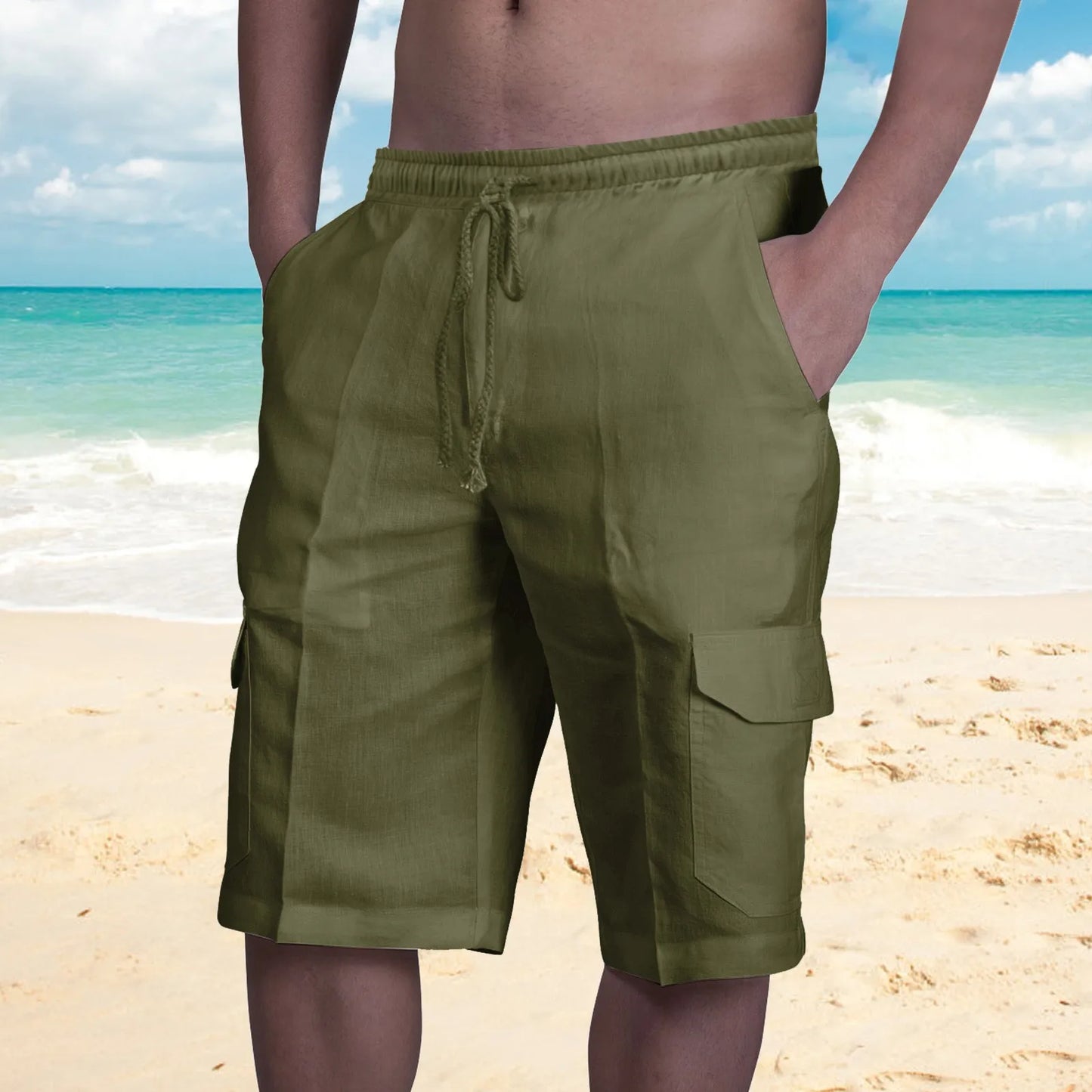 Cotton Linen Cargo Shorts Solid Color Trunks Elastic Summer Lace Up White Men's Shorts Holiday Vacation Pantalones Cortos 2023
