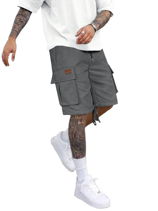 2025 Men's summer solid color casual elastic waist cargo shorts Loose multi-pocket fashion travel sports shorts