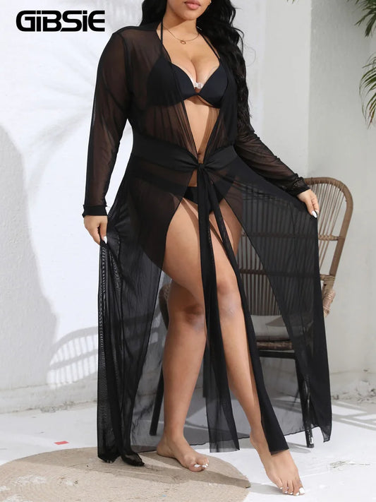 GIBSIE Plus Size 2024 Summer New Women Swimwear Cover Up Black Self Belted Mesh Sheer Bikini Cover-ups Beachwear Sun Protection