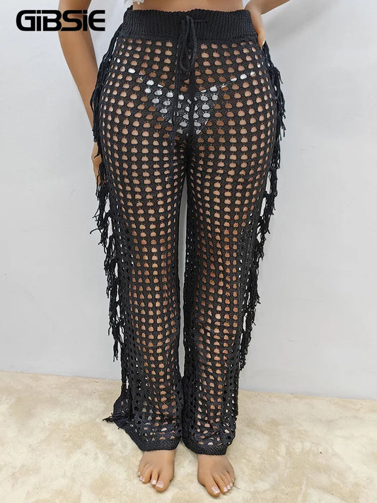 GIBSIE Plus Size Black Hollow out Tassel Beach Cover Up Pants For Swimwear Women Bikini Cover Ups Beachwear Drawstring Pants