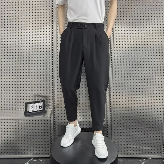 Work Office Fluid Draped Men's Summer Pants White Male Suit Trousers Thin Casual Elegant Up Dress Tailoring Classic Fabric Wear