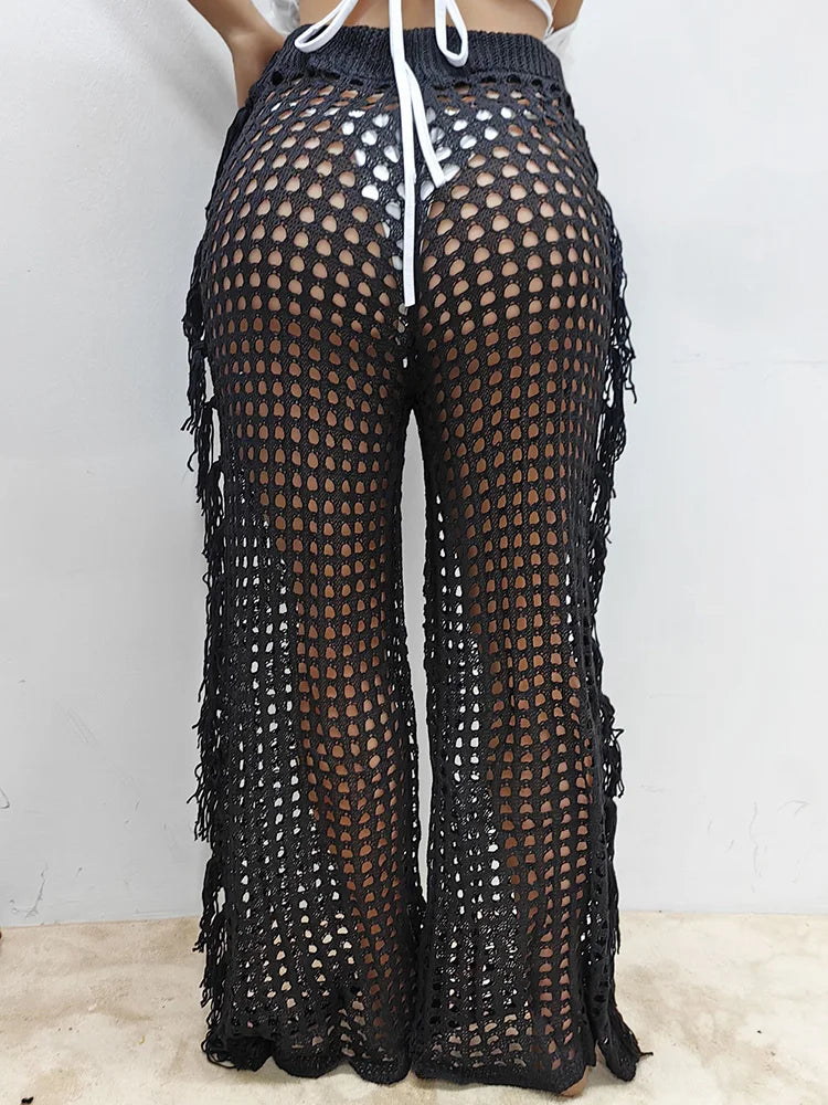 GIBSIE Plus Size Black Hollow out Tassel Beach Cover Up Pants For Swimwear Women Bikini Cover Ups Beachwear Drawstring Pants