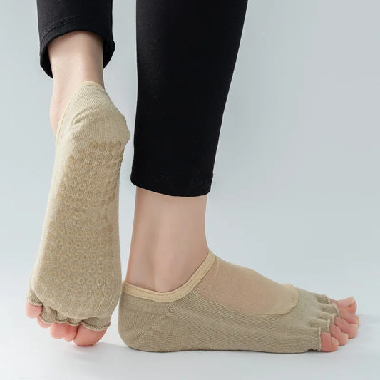 Yoga Socks with Grips for Women Non Slip Pilates Barre Dance Barefoot Workout Fitness Cotton Mesh Half Toes Socks