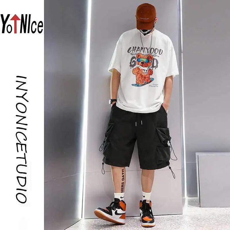 Fashion Solid Color Personality Multiple Pockets Men's Cargo Shorts New Classic Waist Drawcord Street Casual Male Short 2023