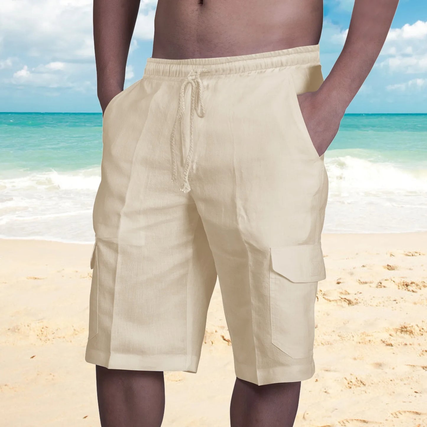 Cotton Linen Cargo Shorts Solid Color Trunks Elastic Summer Lace Up White Men's Shorts Holiday Vacation Pantalones Cortos 2023