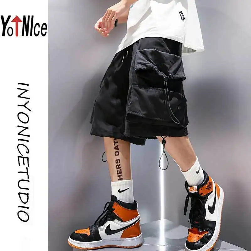 Fashion Solid Color Personality Multiple Pockets Men's Cargo Shorts New Classic Waist Drawcord Street Casual Male Short 2023