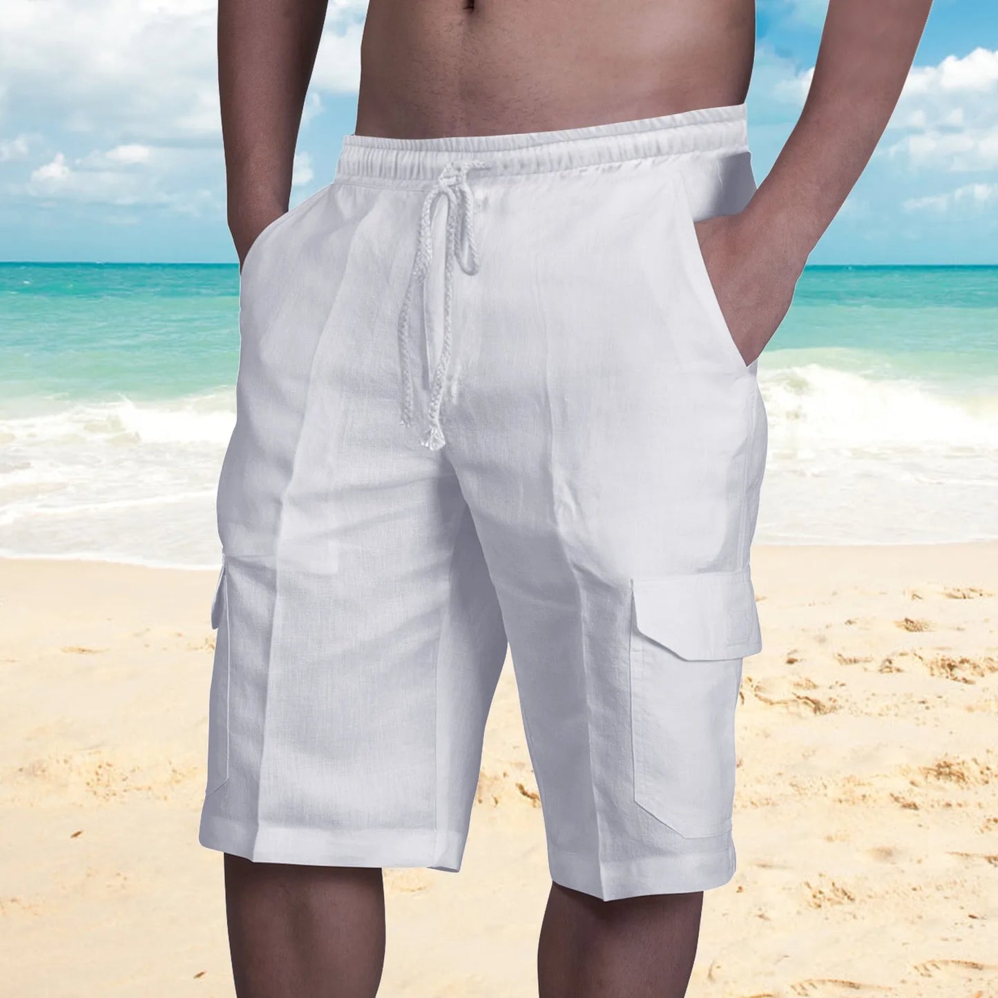 Cotton Linen Cargo Shorts Solid Color Trunks Elastic Summer Lace Up White Men's Shorts Holiday Vacation Pantalones Cortos 2023