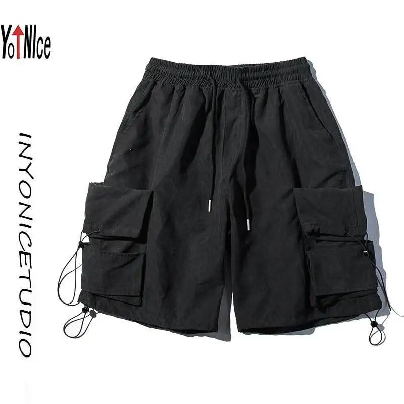 Fashion Solid Color Personality Multiple Pockets Men's Cargo Shorts New Classic Waist Drawcord Street Casual Male Short 2023