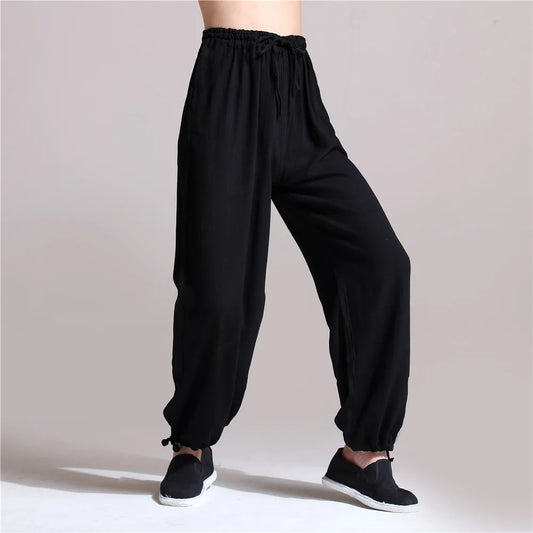 LZJN-Men's Elastic Waist Flax Pants, Sand Wash, Kung Fu, Tai Chi Uniform, Long Trousers, Casual Linen Bloomers, Joggers