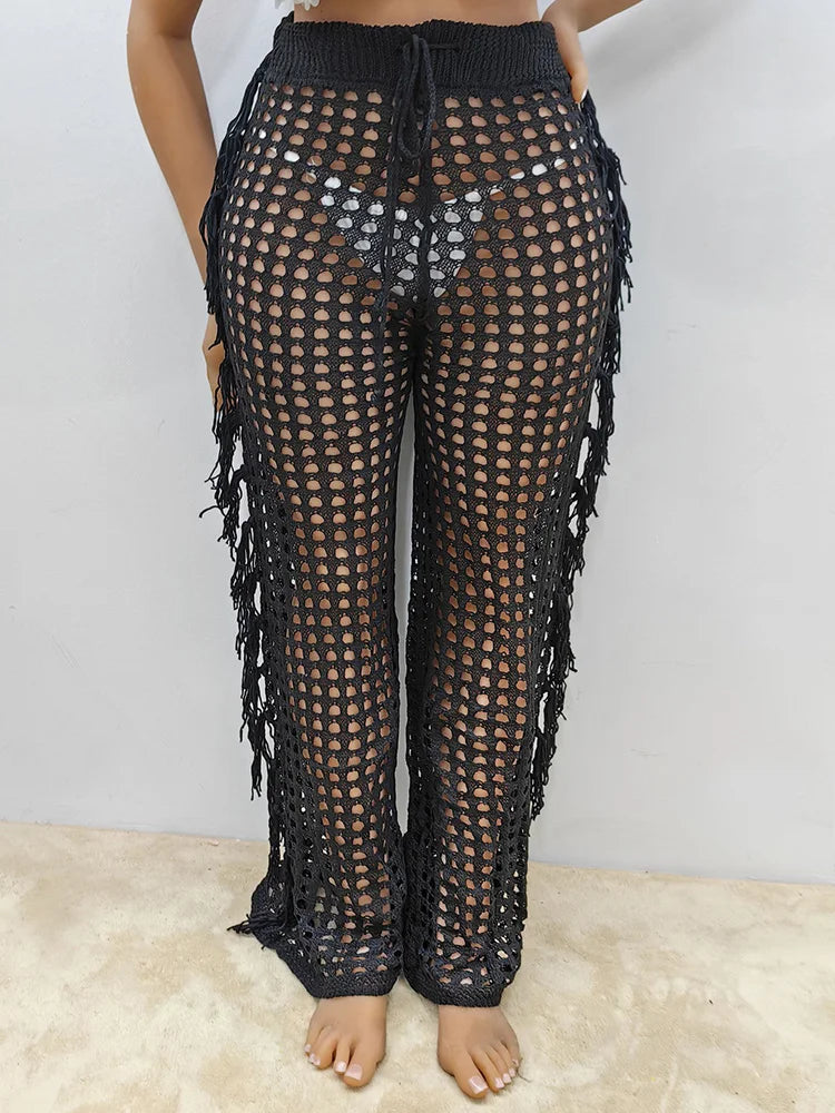GIBSIE Plus Size Black Hollow out Tassel Beach Cover Up Pants For Swimwear Women Bikini Cover Ups Beachwear Drawstring Pants