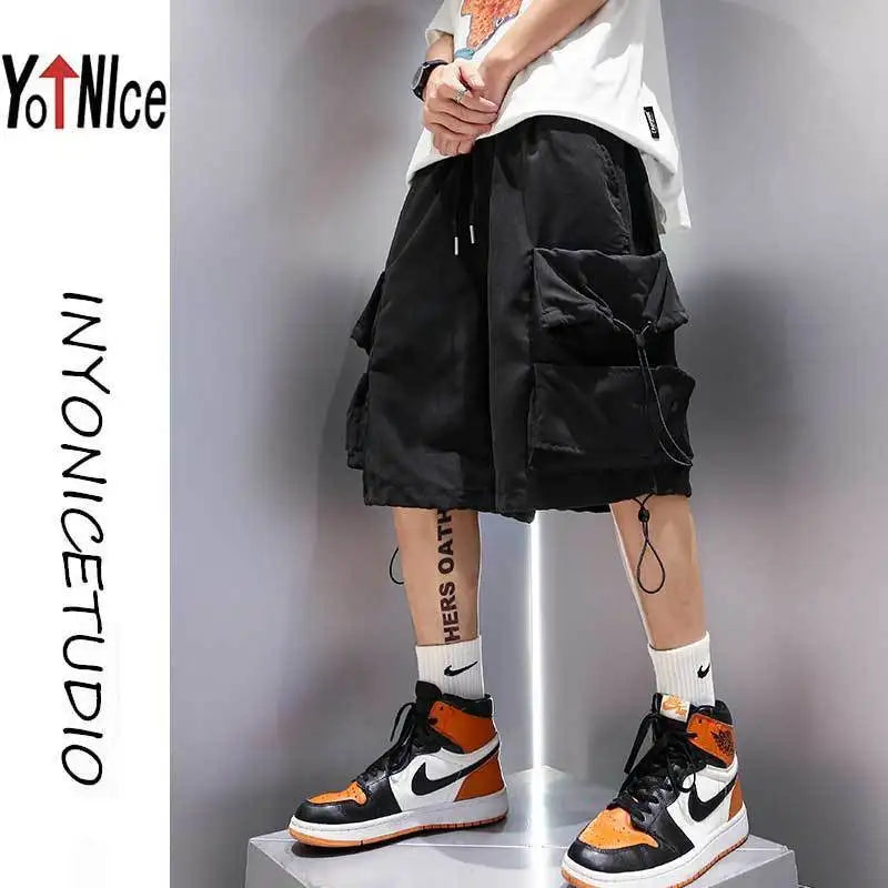 Fashion Solid Color Personality Multiple Pockets Men's Cargo Shorts New Classic Waist Drawcord Street Casual Male Short 2023